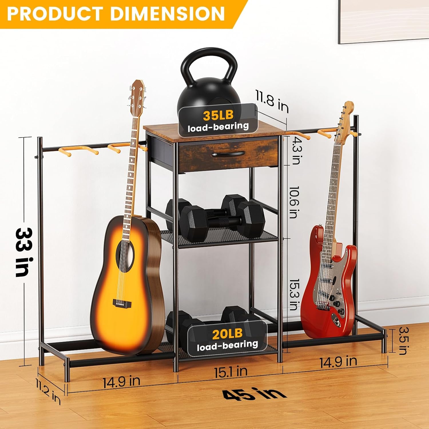 Guitar Stands Floor with 4 Guitar Holders, 3-Tier Guitar Stand Multiple Guitars, Guitar Rack with Amp Stand & Cloth Drawer, Multi Guitar Stand for Music Studio, Guitar Accessories Gift for Music Lover | Guitar Rack with Amp Holders & Cloth Drawer,3-Tier M