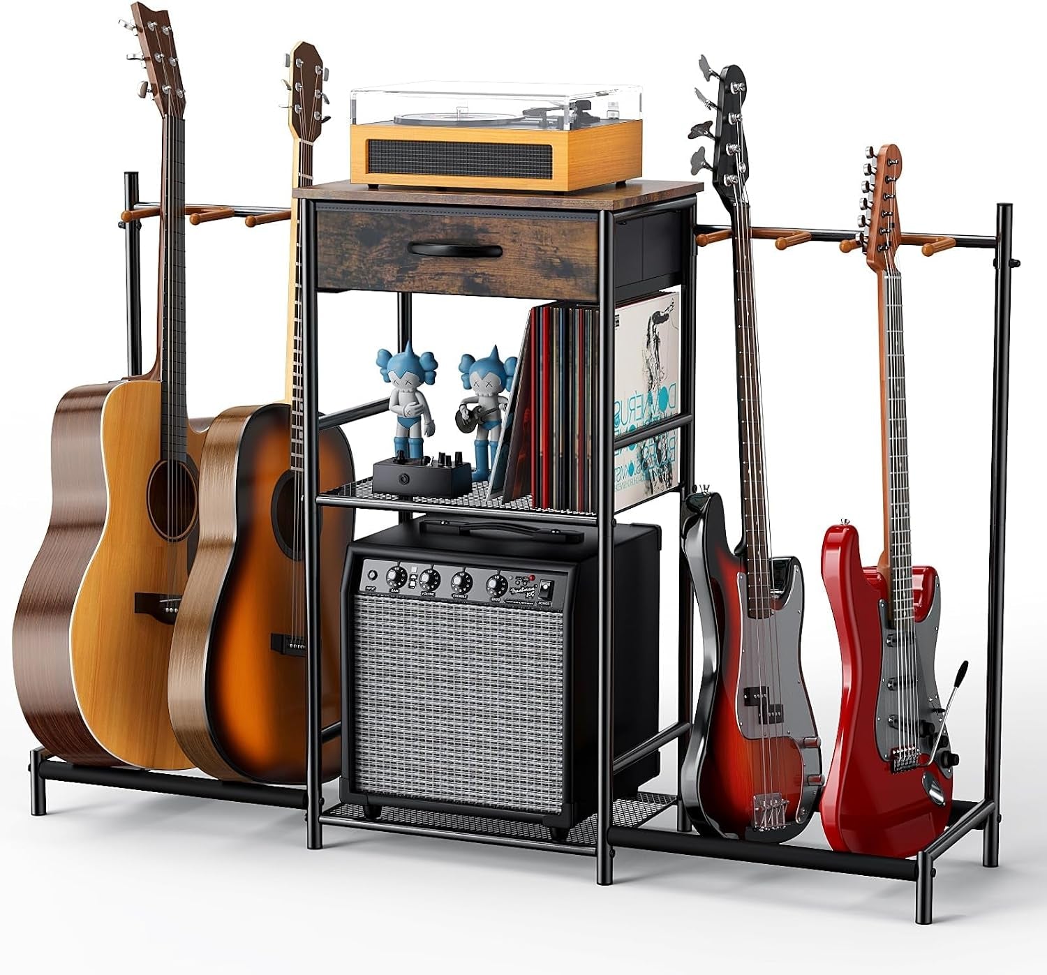 Guitar Stands Floor with 4 Guitar Holders, 3-Tier Guitar Stand Multiple Guitars, Guitar Rack with Amp Stand & Cloth Drawer, Multi Guitar Stand for Music Studio, Guitar Accessories Gift for Music Lover | Guitar Rack with Amp Holders & Cloth Drawer,3-Tier M