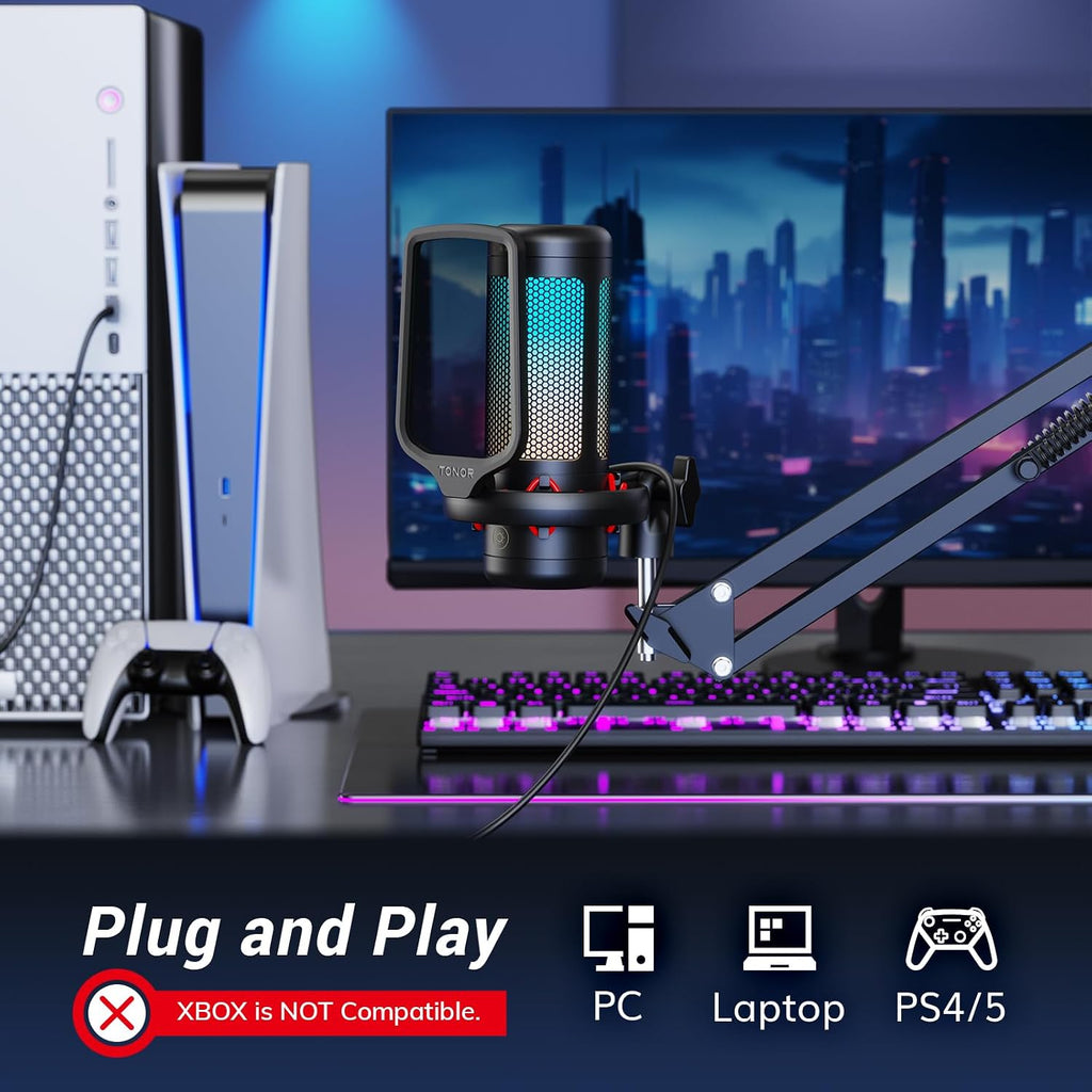 Gaming Microphone Set with Boom Arm, Vocal Condenser Microphone for Content Creators, USB Mic for PC with Stand, RGB, Tap Mute, Gain Control, Gaming Equipemnt, Twitch, Streaming, TC310+ | Boom Arm Set, USB Mic with Controllable Light, One Tap Mute, Volume Control, for Discord, Twitch Streaming, Black, TC310+