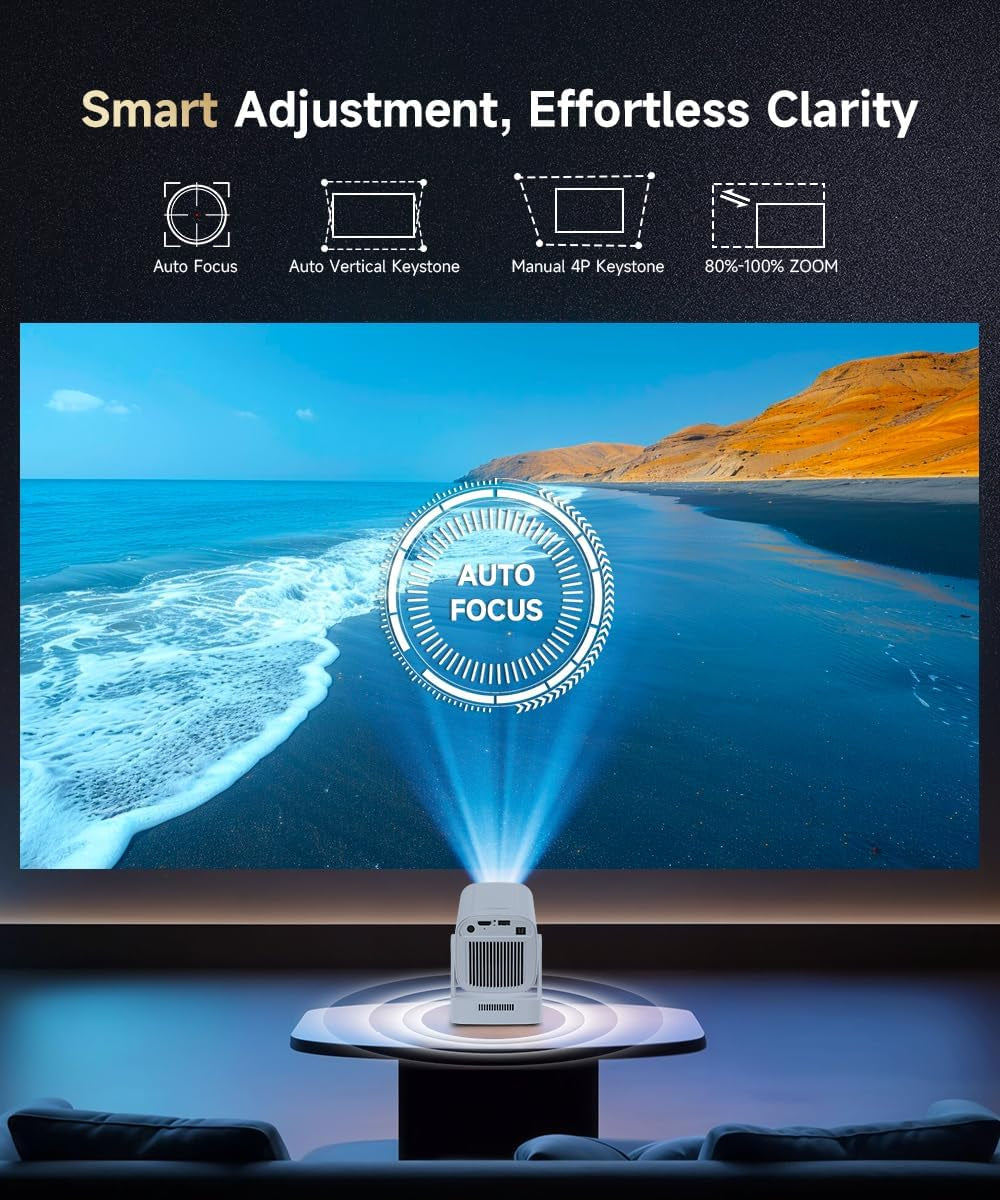 【Auto Focus&1080P】 Mini Smart Projector 4K Support, Built in Apps | Portable Projector with Wifi 6 and Bluetooth 5.4, Auto Keystone, 5W Speaker, Android 14, Voice Control, Home Movie Proyector