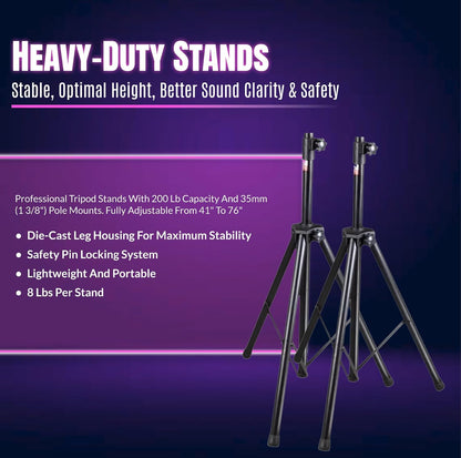 Pa System with Wireless Microphone and Speakers 12", 2000W | Built-In Amplifier W/6 Channel Audio Mixer System, Wireless UHF Microphone, 1000W Passive Speaker, Dual Tripod Stands