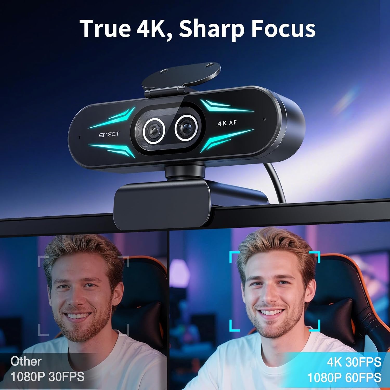 C60E Dual-Camera 4K Webcam for Streaming, Wide-Angle &amp; Telephoto | Max 11X Hybrid Zoom &amp; PDAF Autofocus, Remote Control, RGB Lighting, 2 Mics, Ideal for Livestreaming and Online Meeting