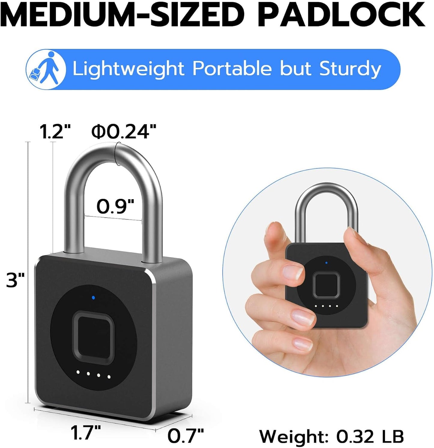 Fingerprint Gym Locker Lock, Keyless Biometric Padlock, Weatherproof Electronic Digital Bluetooth App Smart Combination Pad Lock for Outdoor Fence Gate Storage Unit Pool Shed - Black