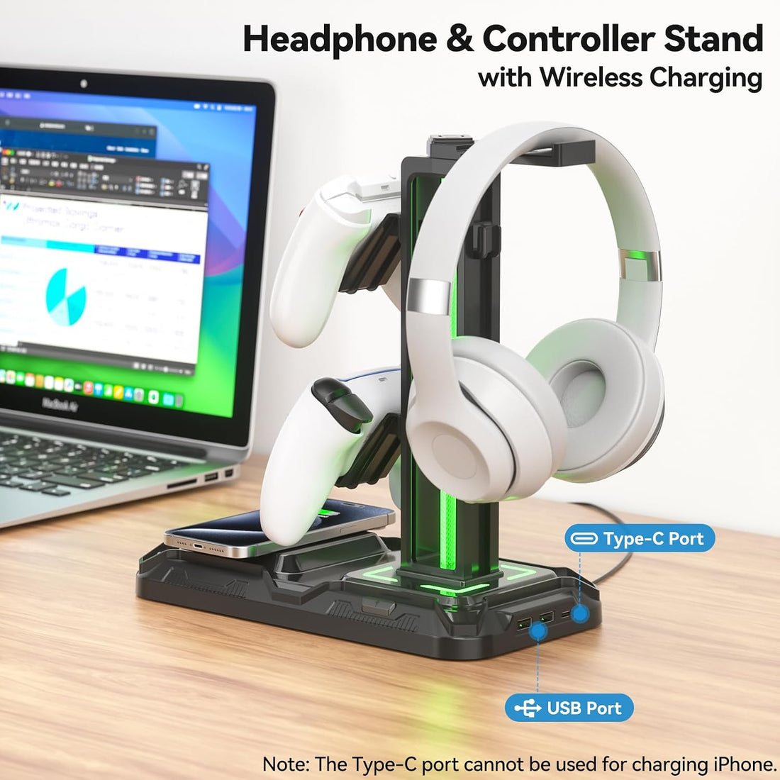 Headphone &amp; Controller Stand with Wireless Charging - Rotatable Headset Stand with 9 Light Modes - Controller Holder with 2 USB and Type C Ports - for Gamers Desktop Accessories