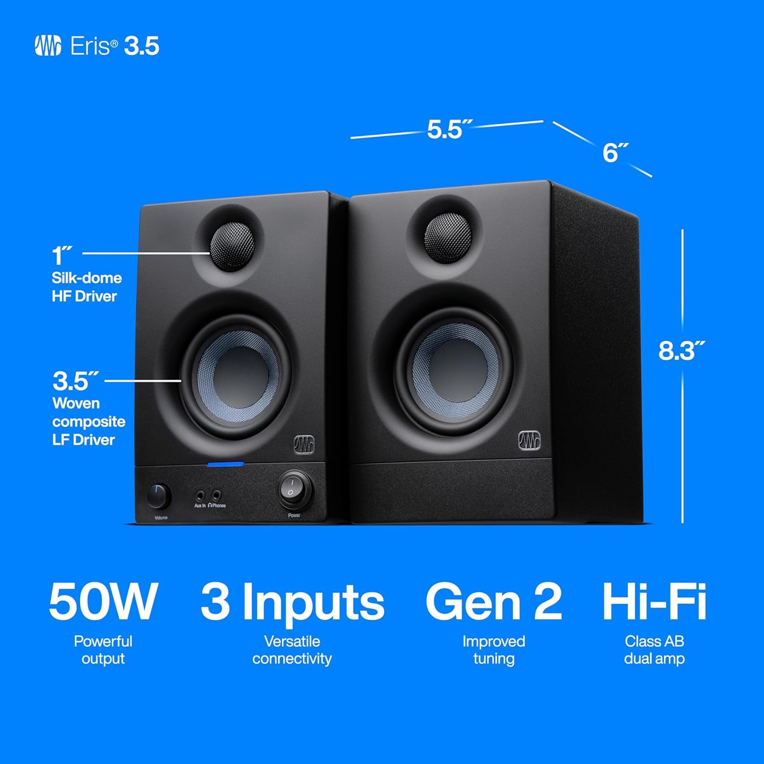 Eris 3.5 Powered Studio Monitors, Pair — 3.5” Active near | -Field Desktop Speakers for Music Production, Gaming, Movies & Hi-Fi | 50W, Woven-Composite Woofer, Silk-Dome Tweeter, Black