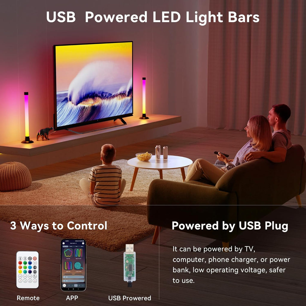 IC+RGBW USB Powered Led Light Bar with App & Remote Control, 2 Pack | Ic+Rgb & W Smart RGB Light Bar, USB Powered TV Light Bar, Led Lights for TV PC Room Monitor Backlight Gaming Accessories