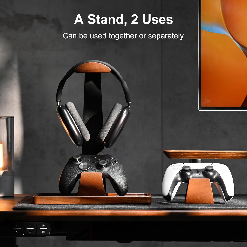 Headphone and Headset Stand with Controller Holders for Gaming Desk | Solid Wood, Holds 2 Controllers, Storage Tray for Gaming Accessories, Compatible with PS5 and Xbox
