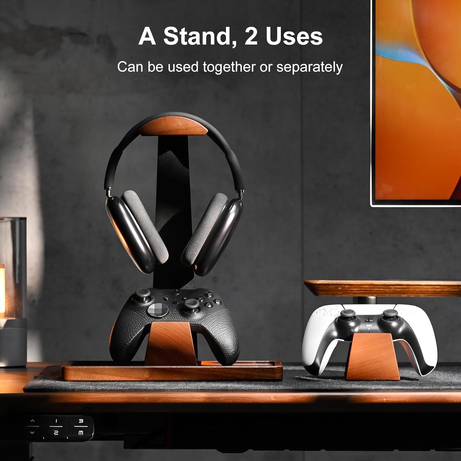 Headphone and Headset Stand with Controller Holders for Gaming Desk | Solid Wood, Holds 2 Controllers, Storage Tray for Gaming Accessories, Compatible with PS5 and Xbox