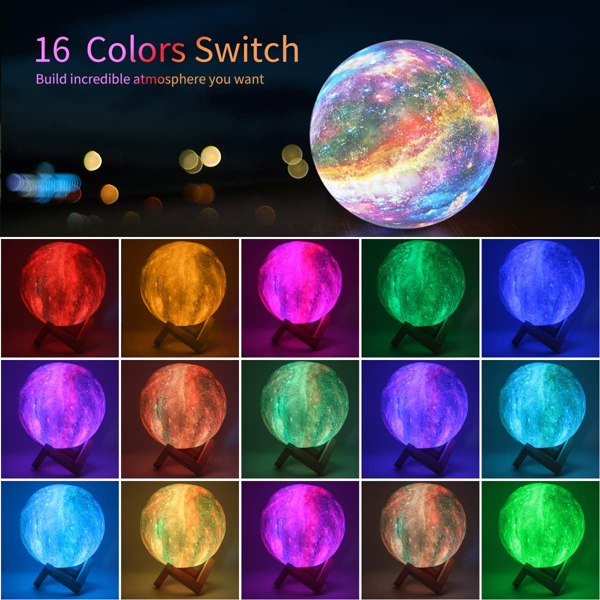 Moon Lamp, Kids Night Light Galaxy Lamp - 16 Colors Moon Light with Wood Stand Remote & Touch Control USB Rechargeable Gift for Girls&Boys Lover Birthday - 4.8 Inch