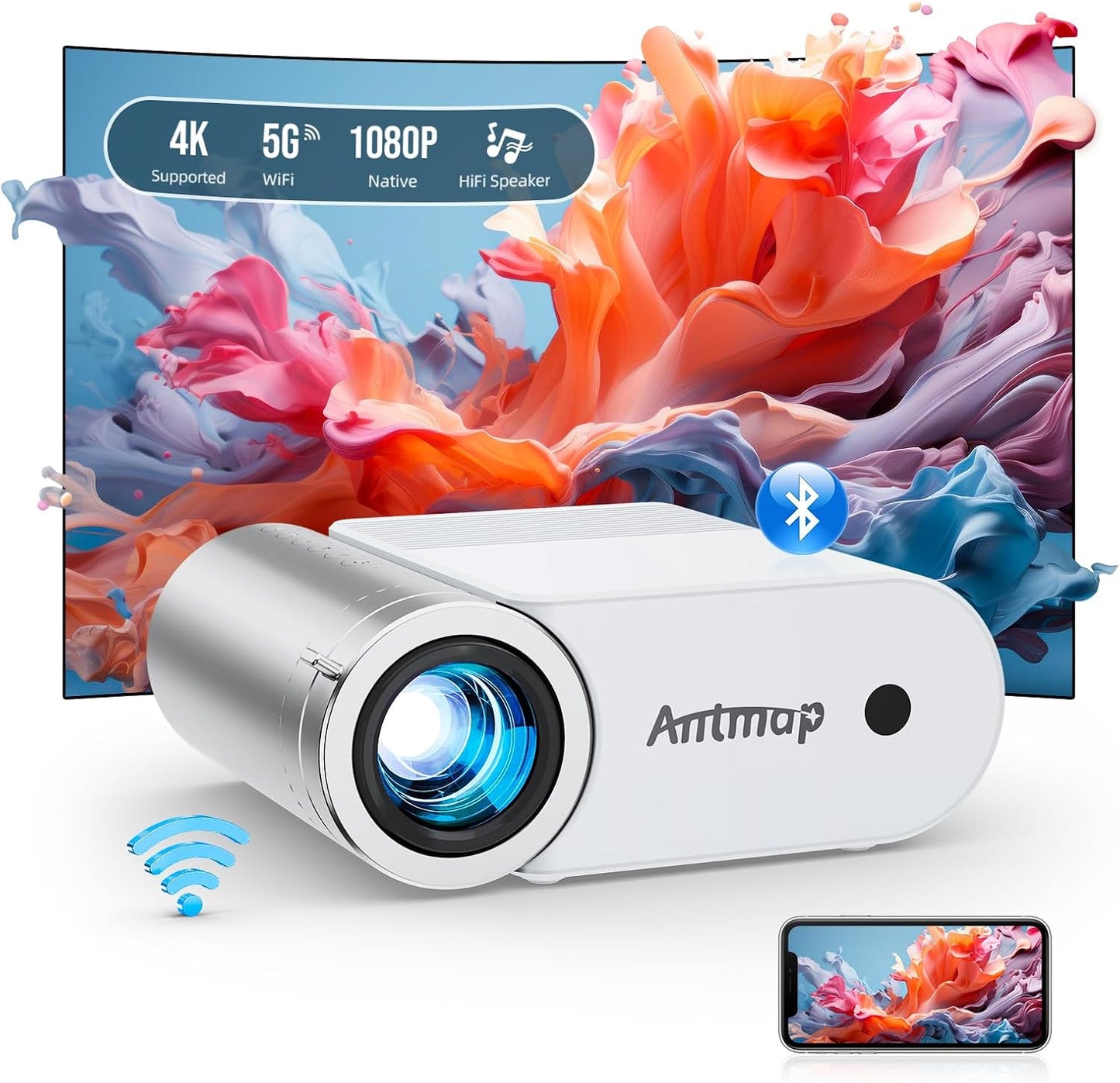 Mini Projector with Wifi and Bluetooth, 1080P Support Portable Projector for Iphone, 200” Portable Projectors for Bedroom, Compatible with Phone/Pad/Laptop/Tv Stick