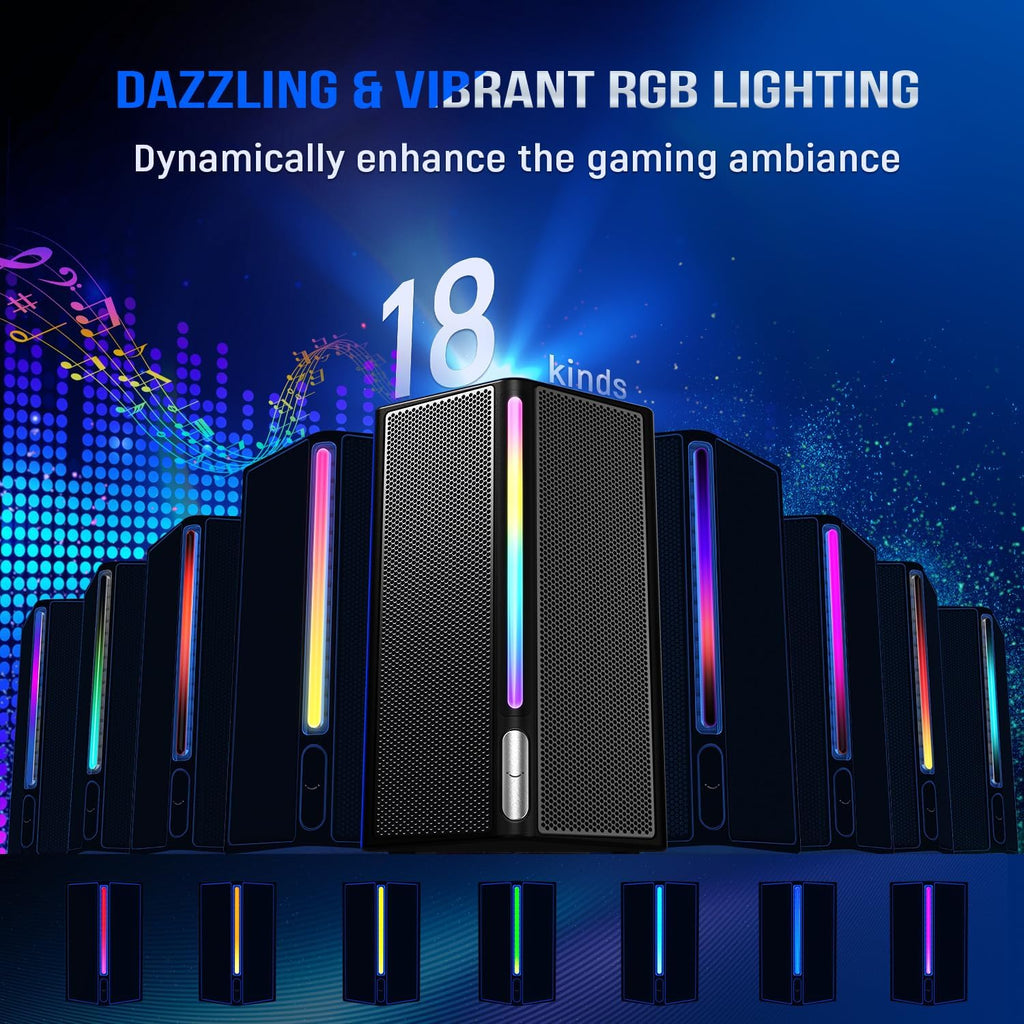 Ampligame A22 2.1 Gaming Computer Speakers with Subwoofer Bluetooth | 18 RGB Modes, Deep Punchy Bass, 3 EQ Presets, Volume Control, AC Powered, for PC TV Monitor Phone Tablet Music Gaming Movie
