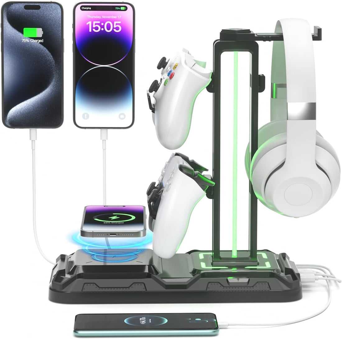 Headphone &amp; Controller Stand with Wireless Charging - Rotatable Headset Stand with 9 Light Modes - Controller Holder with 2 USB and Type C Ports - for Gamers Desktop Accessories