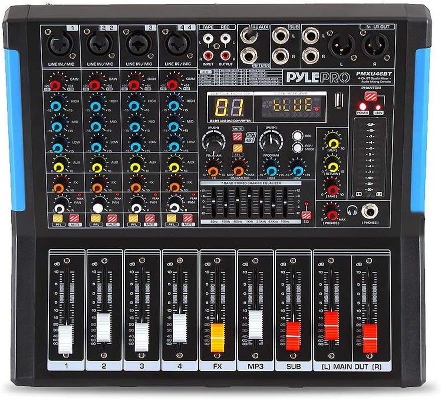 4-Channel Bluetooth Studio Audio Mixer-Dj Sound Controller Interface with USB Drive for PC Recording Input, XLR Microphone Jack,48V Power,Input/Output for Professional and Beginners - PMXU46BT