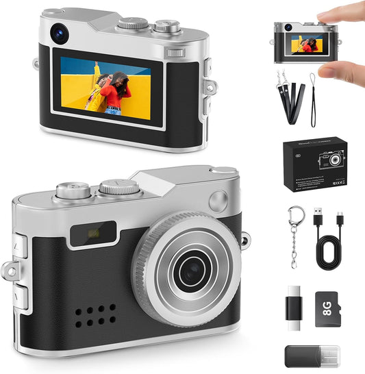 Y2K Mini Keychain Camera, Retro Aesthetic Digital Point and Shoot Camera for Teens, Pocket-Sized Vintage Digicam Bag Charm, 1080P Vlogging Camera with 8GB Card, Birthday Gift for Kids & Friends