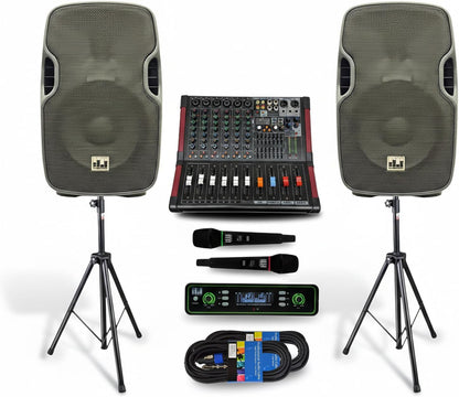 Pa System with Wireless Microphone and Speakers 12", 2000W | Built-In Amplifier W/6 Channel Audio Mixer System, Wireless UHF Microphone, 1000W Passive Speaker, Dual Tripod Stands