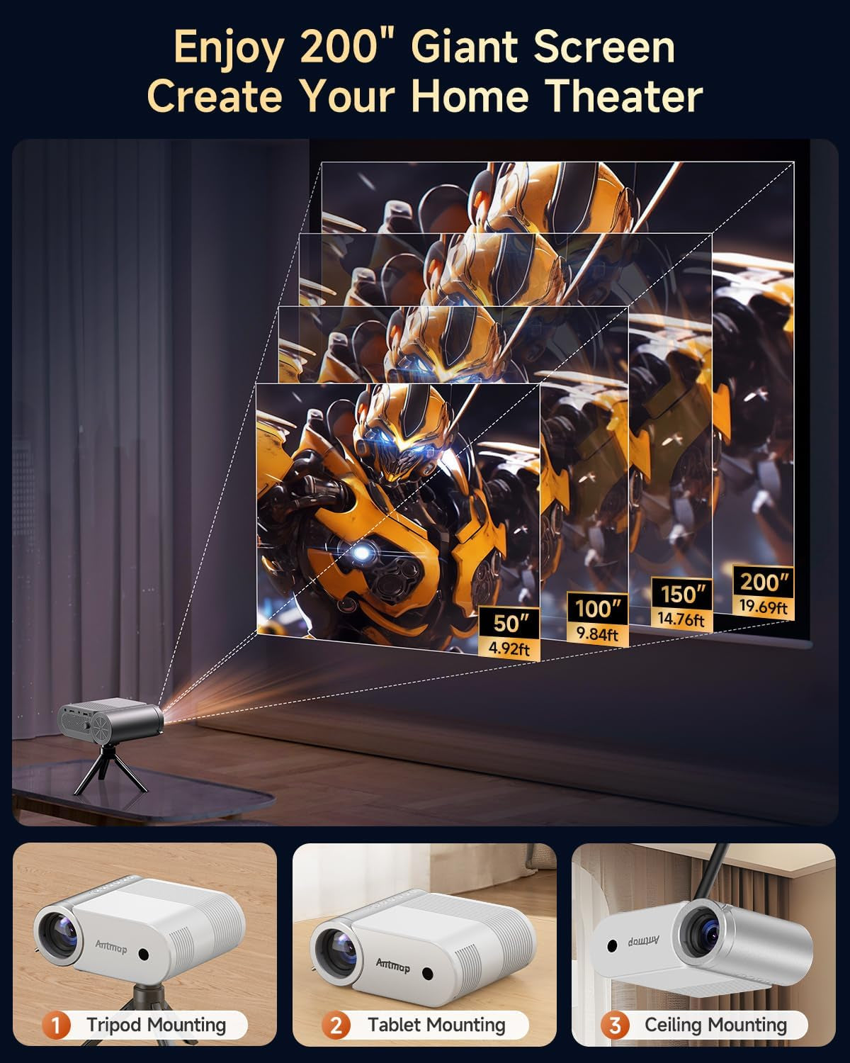Mini Projector with Wifi and Bluetooth, 1080P Support Portable Projector for Iphone, 200” Portable Projectors for Bedroom, Compatible with Phone/Pad/Laptop/Tv Stick