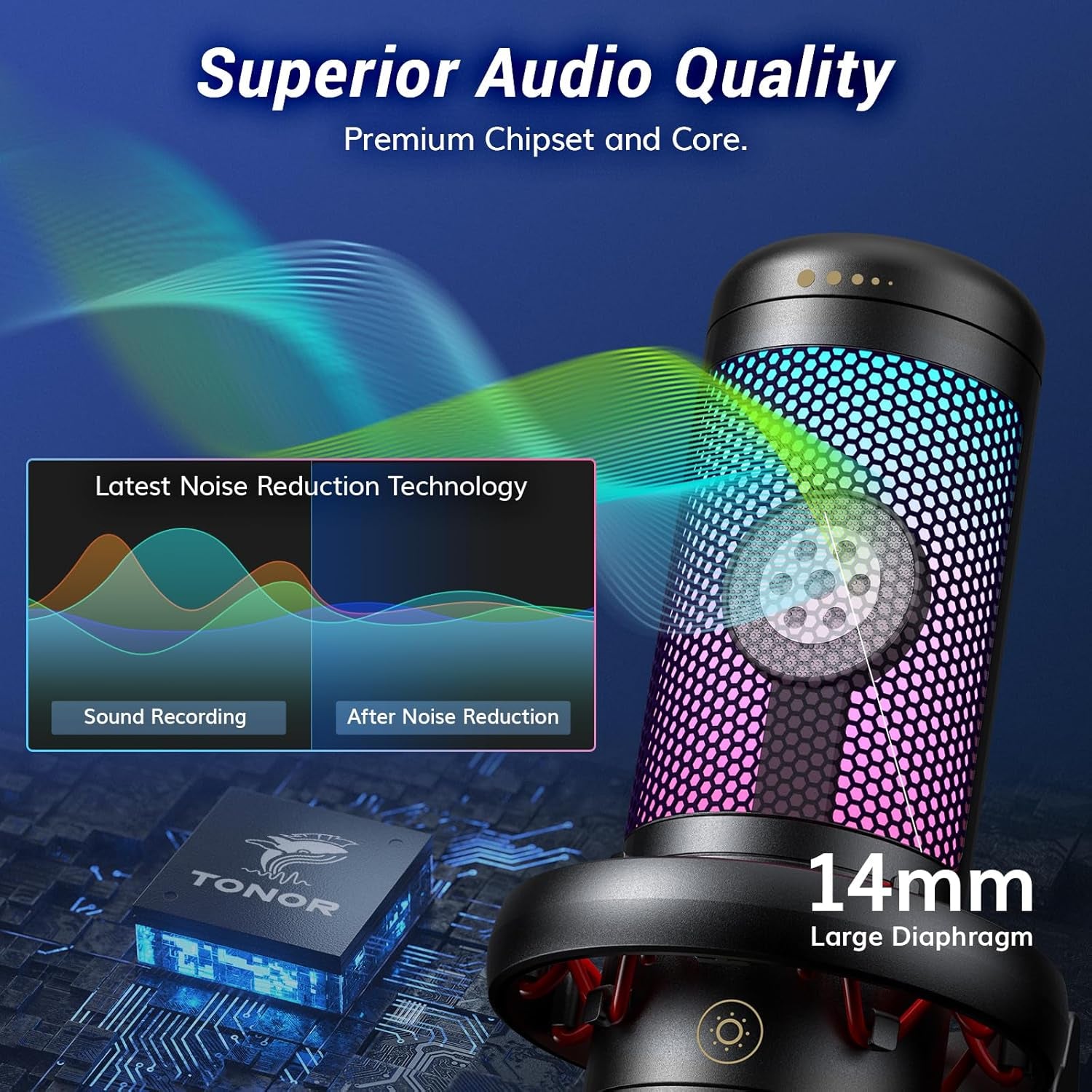 Gaming Microphone Set with Boom Arm, Vocal Condenser Microphone for Content Creators, USB Mic for PC with Stand, RGB, Tap Mute, Gain Control, Gaming Equipemnt, Twitch, Streaming, TC310+ | Boom Arm Set, USB Mic with Controllable Light, One Tap Mute, Volume Control, for Discord, Twitch Streaming, Black, TC310+