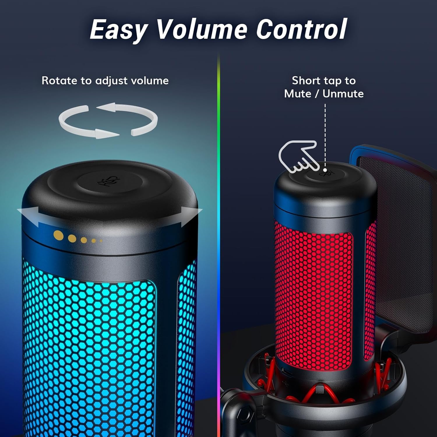 Gaming Microphone Set with Boom Arm, Vocal Condenser Microphone for Content Creators, USB Mic for PC with Stand, RGB, Tap Mute, Gain Control, Gaming Equipemnt, Twitch, Streaming, TC310+ | Boom Arm Set, USB Mic with Controllable Light, One Tap Mute, Volume Control, for Discord, Twitch Streaming, Black, TC310+