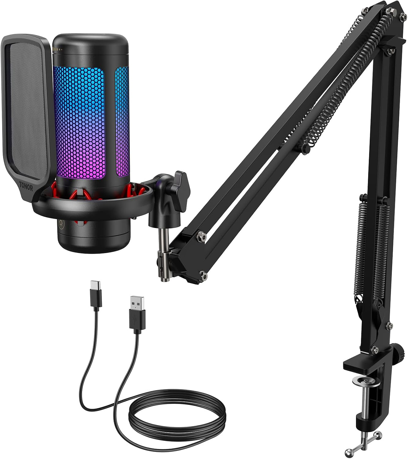 Gaming Microphone Set with Boom Arm, Vocal Condenser Microphone for Content Creators, USB Mic for PC with Stand, RGB, Tap Mute, Gain Control, Gaming Equipemnt, Twitch, Streaming, TC310+ | Boom Arm Set, USB Mic with Controllable Light, One Tap Mute, Volume Control, for Discord, Twitch Streaming, Black, TC310+