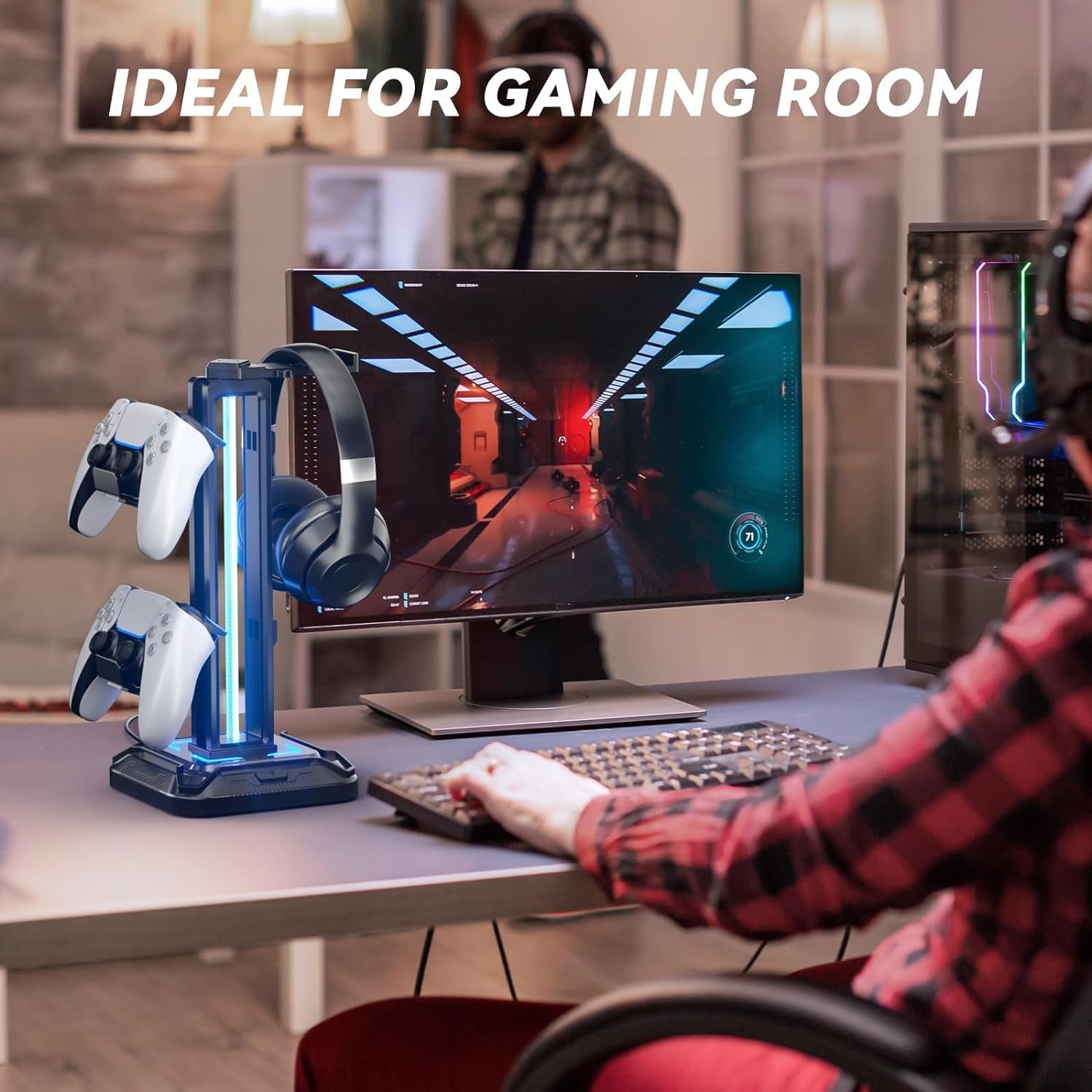 RGB Headset Stand with 9 Light Modes - Controller Holder for Desk - Rotatable Headphone Stand & Detachable Controller Hook for PC Earphone Accessories(Black)