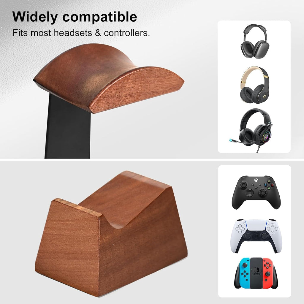 Headphone and Headset Stand with Controller Holders for Gaming Desk | Solid Wood, Holds 2 Controllers, Storage Tray for Gaming Accessories, Compatible with PS5 and Xbox