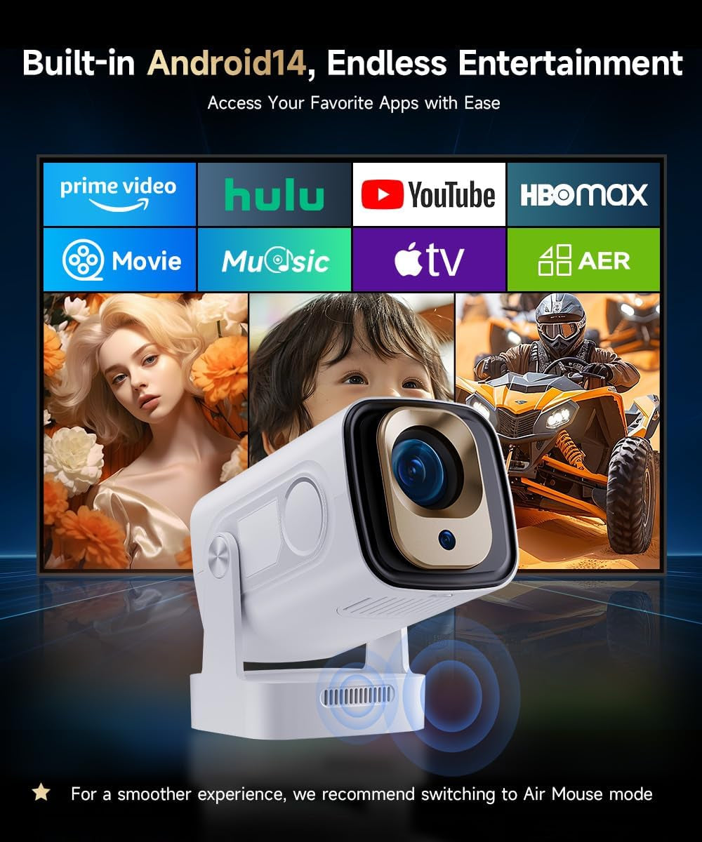 【Auto Focus&1080P】 Mini Smart Projector 4K Support, Built in Apps | Portable Projector with Wifi 6 and Bluetooth 5.4, Auto Keystone, 5W Speaker, Android 14, Voice Control, Home Movie Proyector