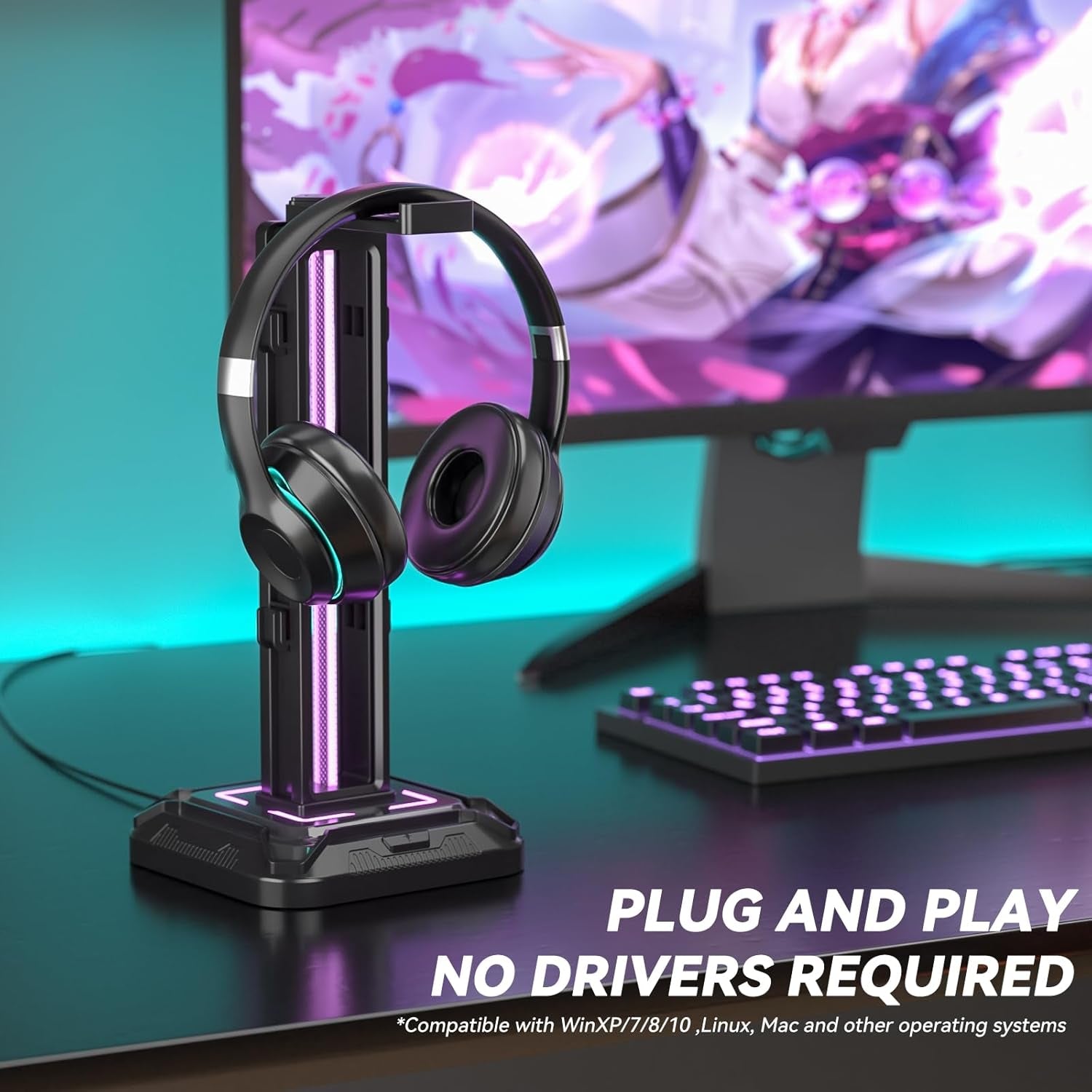 RGB Headset Stand with 9 Light Modes - Controller Holder for Desk - Rotatable Headphone Stand & Detachable Controller Hook for PC Earphone Accessories(Black)