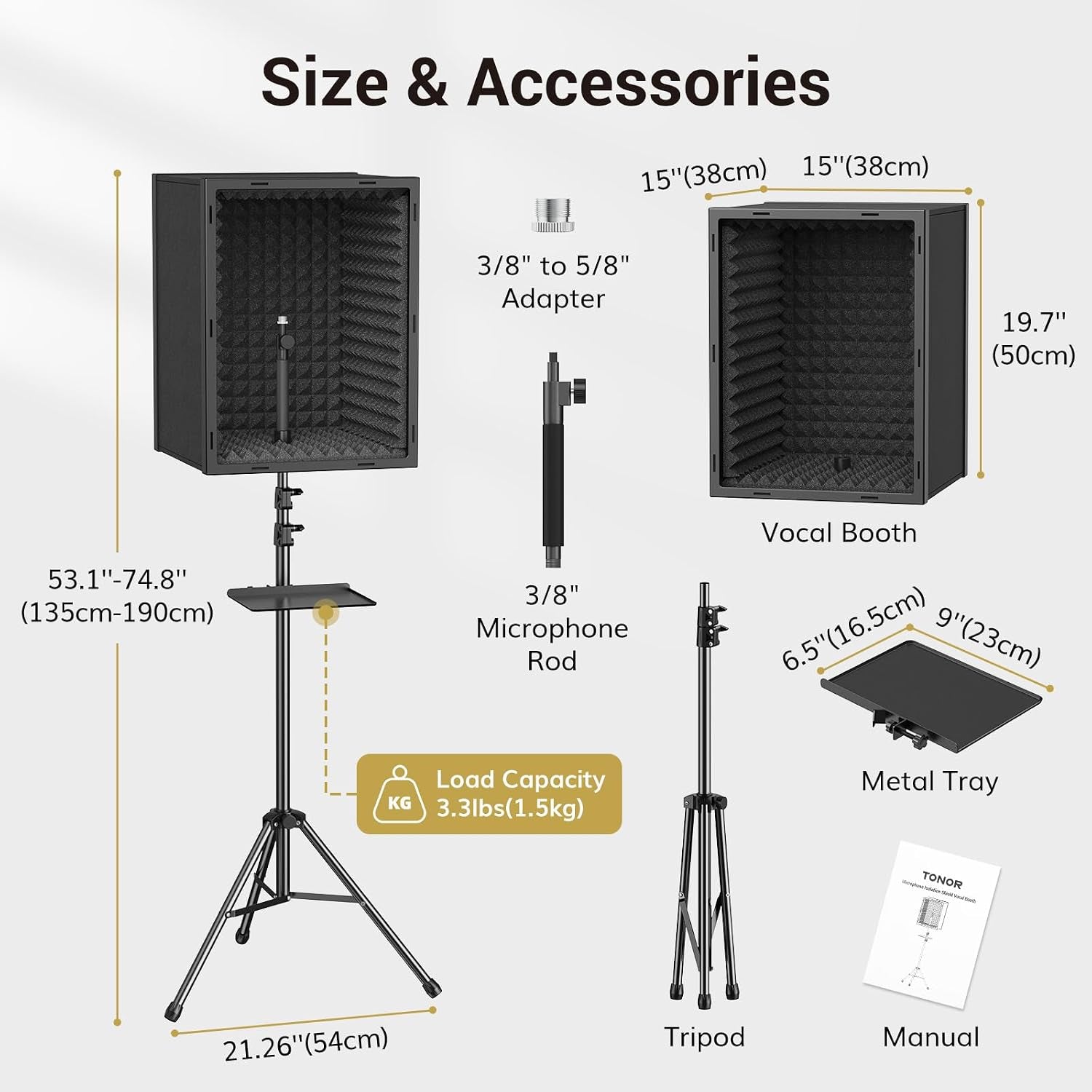 Microphone Isolation Shield, Professional Mic Shield for Studio with Tripod Stand, Adjustable Height Max 53.1 Inch, Sound Proof Box for Singing, Recording Studio Equipment