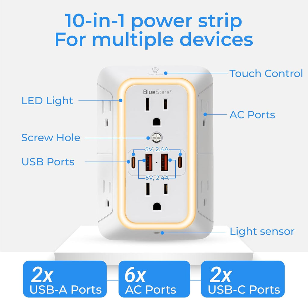 Wall Mount Power Strips Wall Charger 6 Outlet Extender 4 USB Ports (5V, 2.4A, 12W) and Night Light 3-Sided Power Strip with Adapter Spaced Outlets - Multi Plug Outlet Surge Protector for Home Office