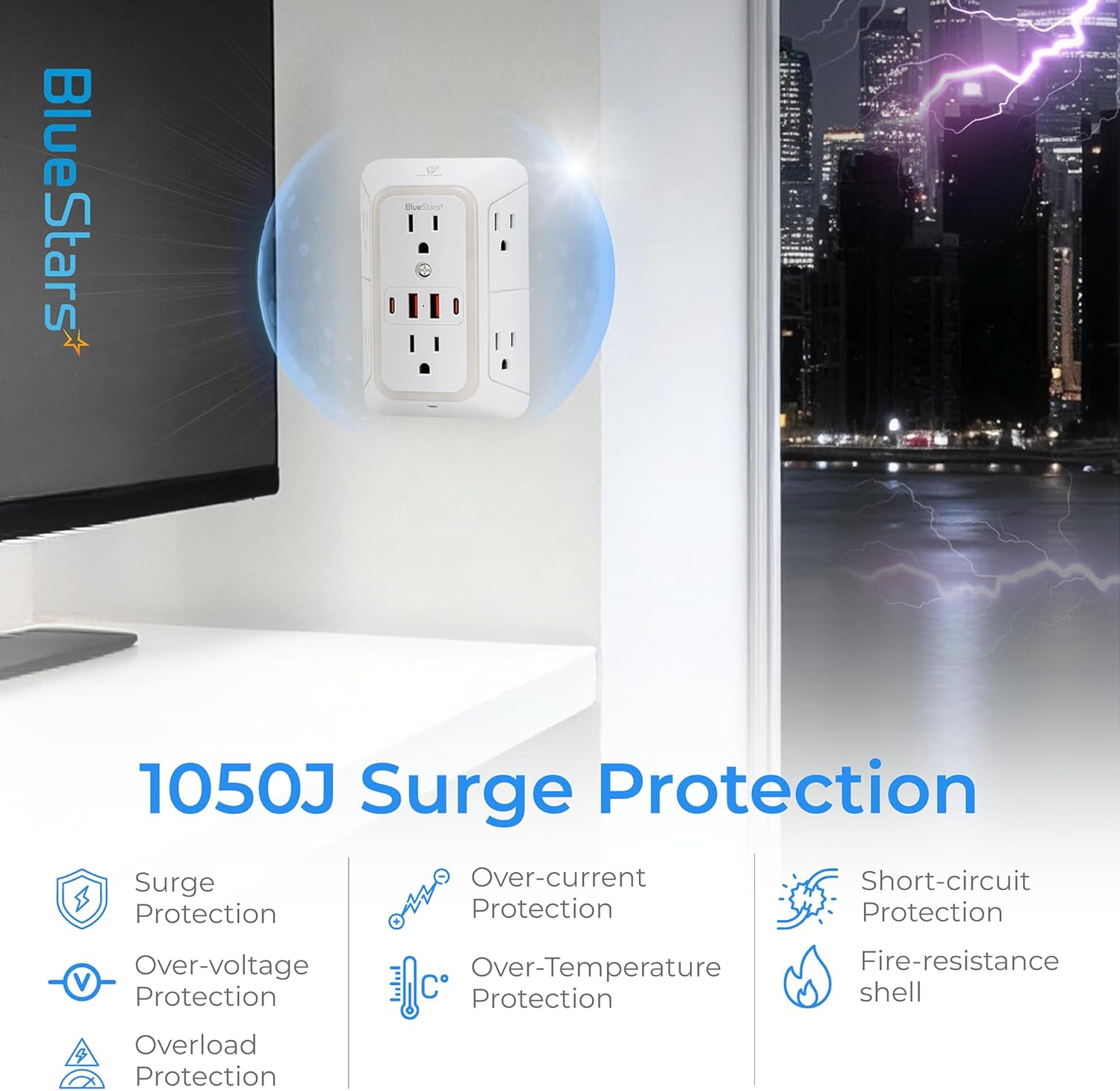 Wall Mount Power Strips Wall Charger 6 Outlet Extender 4 USB Ports (5V, 2.4A, 12W) and Night Light 3-Sided Power Strip with Adapter Spaced Outlets - Multi Plug Outlet Surge Protector for Home Office