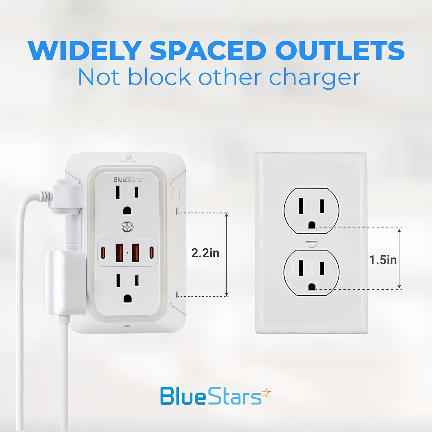 Wall Mount Power Strips Wall Charger 6 Outlet Extender 4 USB Ports (5V, 2.4A, 12W) and Night Light 3-Sided Power Strip with Adapter Spaced Outlets - Multi Plug Outlet Surge Protector for Home Office