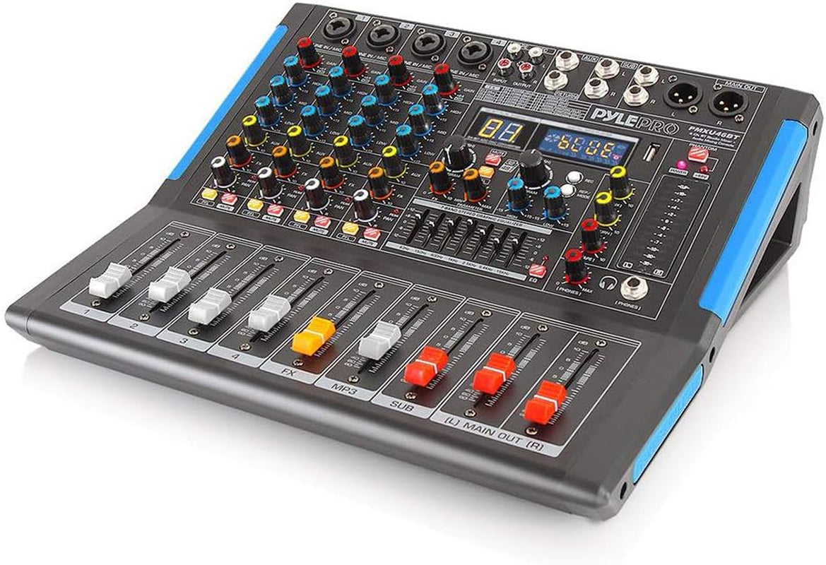 4-Channel Bluetooth Studio Audio Mixer-Dj Sound Controller Interface with USB Drive for PC Recording Input, XLR Microphone Jack,48V Power,Input/Output for Professional and Beginners - PMXU46BT