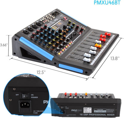 4-Channel Bluetooth Studio Audio Mixer-Dj Sound Controller Interface with USB Drive for PC Recording Input, XLR Microphone Jack,48V Power,Input/Output for Professional and Beginners - PMXU46BT