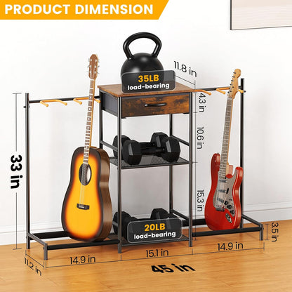 Guitar Stands Floor with 4 Guitar Holders, 3-Tier Guitar Stand Multiple Guitars, Guitar Rack with Amp Stand &amp; Cloth Drawer, Multi Guitar Stand for Music Studio, Guitar Accessories Gift for Music Lover | Guitar Rack with Amp Holders &amp; Cloth Drawer,3-Tier M