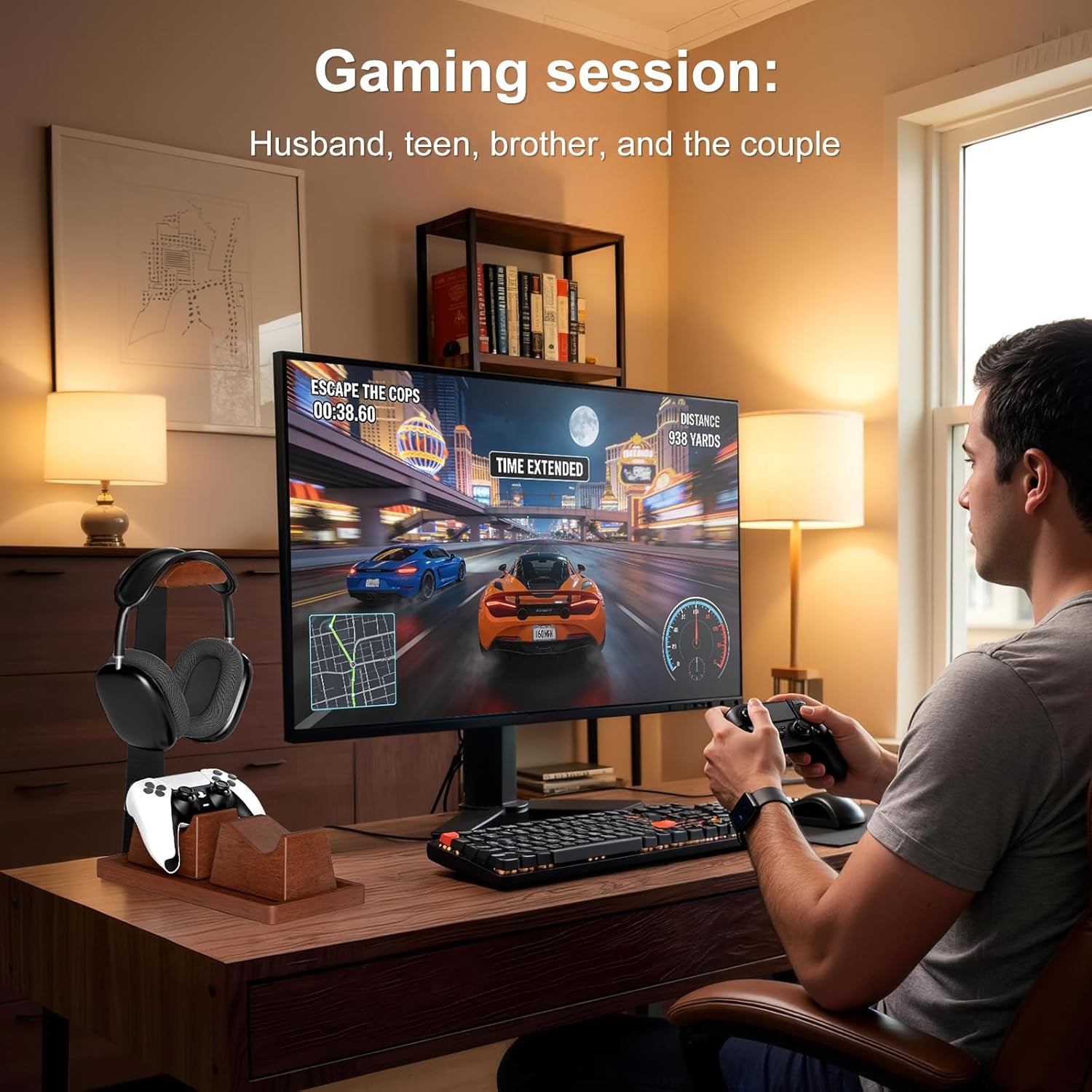 Headphone and Headset Stand with Controller Holders for Gaming Desk | Solid Wood, Holds 2 Controllers, Storage Tray for Gaming Accessories, Compatible with PS5 and Xbox