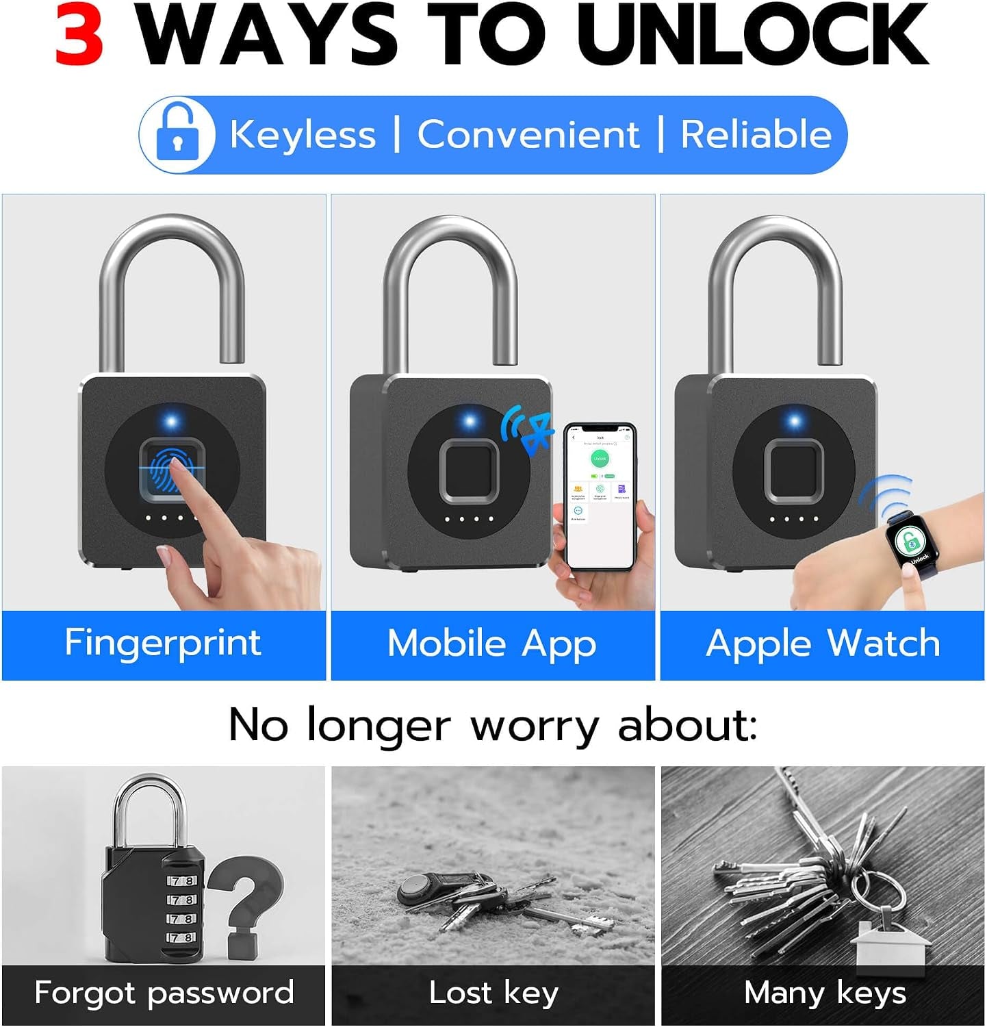 Fingerprint Gym Locker Lock, Keyless Biometric Padlock, Weatherproof Electronic Digital Bluetooth App Smart Combination Pad Lock for Outdoor Fence Gate Storage Unit Pool Shed - Black