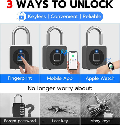 Fingerprint Gym Locker Lock, Keyless Biometric Padlock, Weatherproof Electronic Digital Bluetooth App Smart Combination Pad Lock for Outdoor Fence Gate Storage Unit Pool Shed - Black