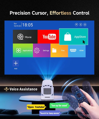 【Auto Focus&1080P】 Mini Smart Projector 4K Support, Built in Apps | Portable Projector with Wifi 6 and Bluetooth 5.4, Auto Keystone, 5W Speaker, Android 14, Voice Control, Home Movie Proyector