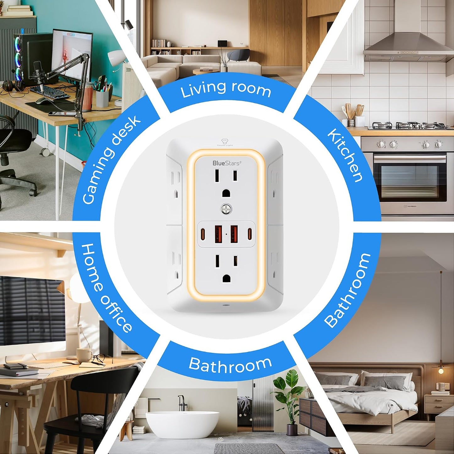 Wall Mount Power Strips Wall Charger 6 Outlet Extender 4 USB Ports (5V, 2.4A, 12W) and Night Light 3-Sided Power Strip with Adapter Spaced Outlets - Multi Plug Outlet Surge Protector for Home Office