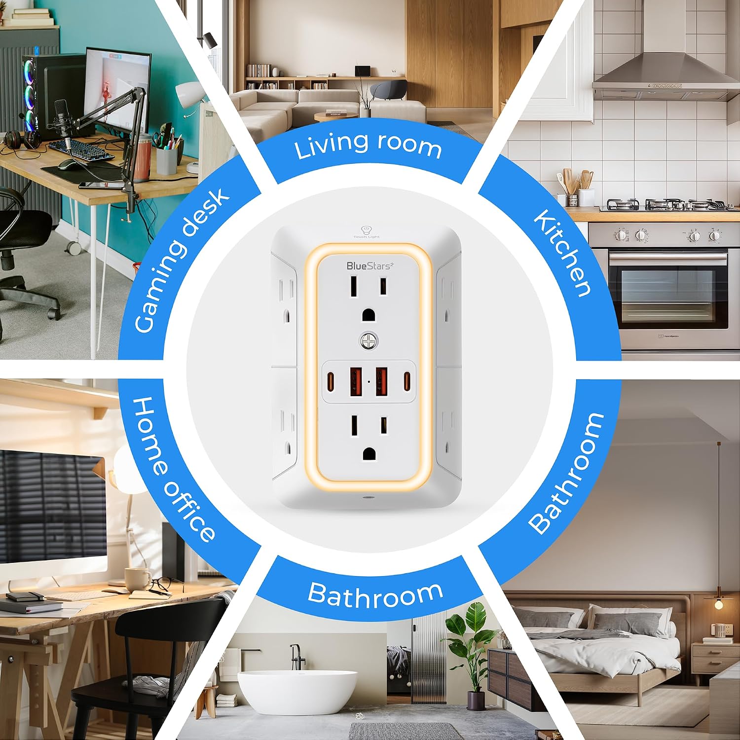 Wall Mount Power Strips Wall Charger 6 Outlet Extender 4 USB Ports (5V, 2.4A, 12W) and Night Light 3-Sided Power Strip with Adapter Spaced Outlets - Multi Plug Outlet Surge Protector for Home Office