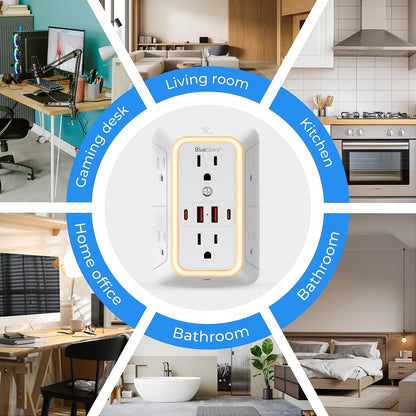Wall Mount Power Strips Wall Charger 6 Outlet Extender 4 USB Ports (5V, 2.4A, 12W) and Night Light 3-Sided Power Strip with Adapter Spaced Outlets - Multi Plug Outlet Surge Protector for Home Office