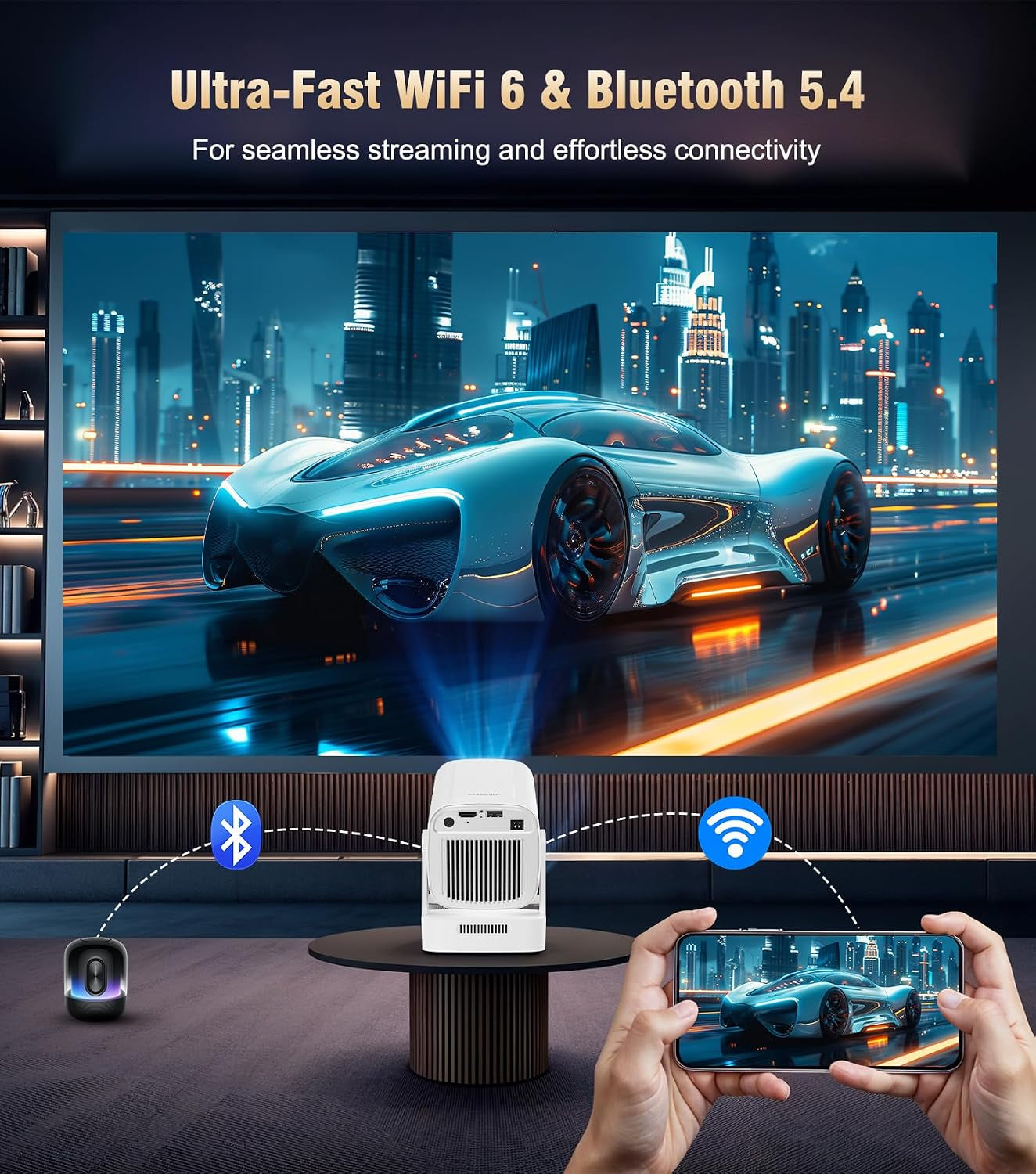 【Auto Focus&1080P】 Mini Smart Projector 4K Support, Built in Apps | Portable Projector with Wifi 6 and Bluetooth 5.4, Auto Keystone, 5W Speaker, Android 14, Voice Control, Home Movie Proyector