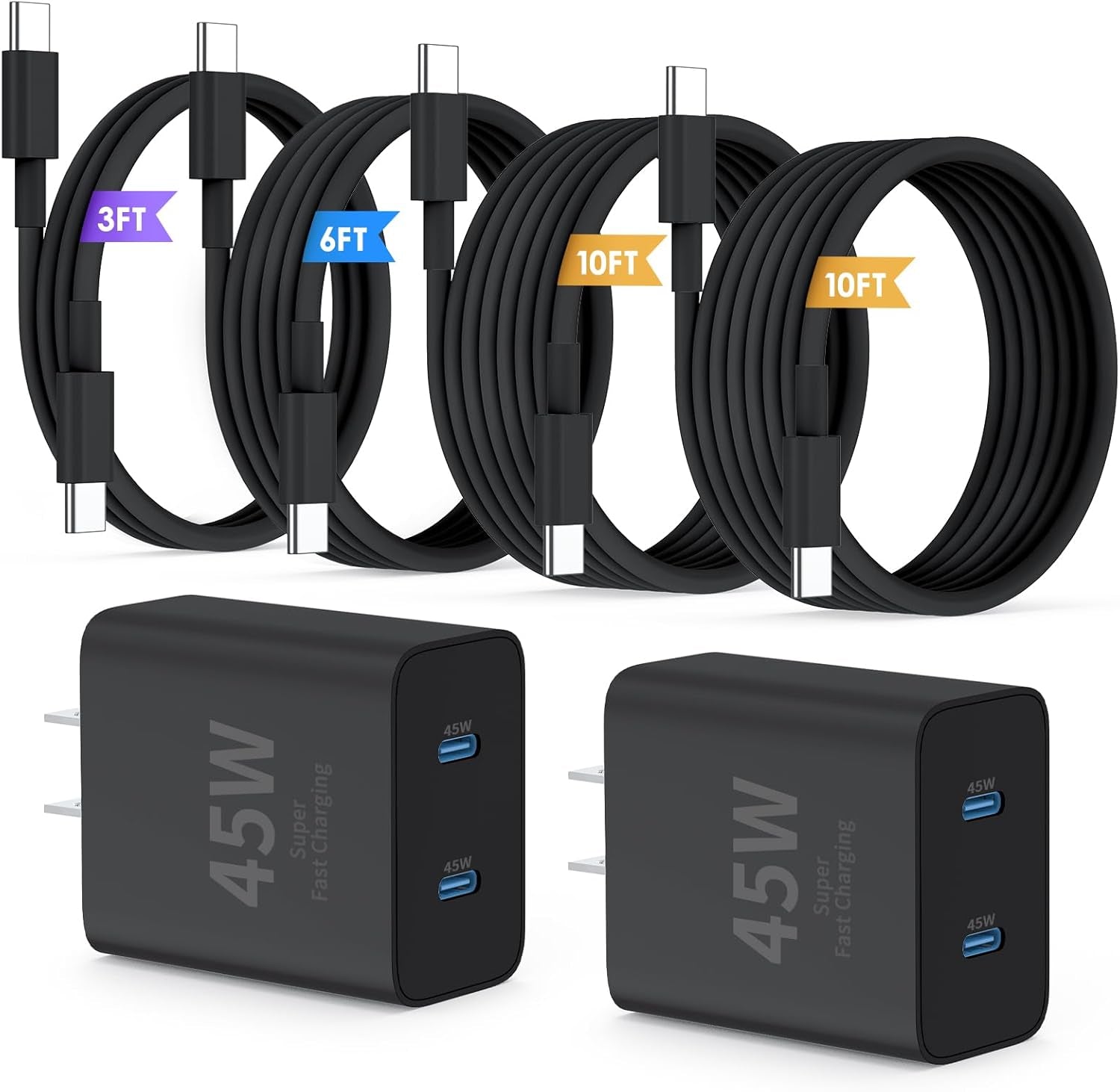 Super Fast Samsung Charger Type C,45W Dual Port USB C Fast Charger | Extra Long 60W 3/6/10/10FT USB C Cable - [2-Pack]Pd Quick Charging 3.0 for Samsung Galaxy S26 S25 Ultra/S24+/S23 Iphone 17 16