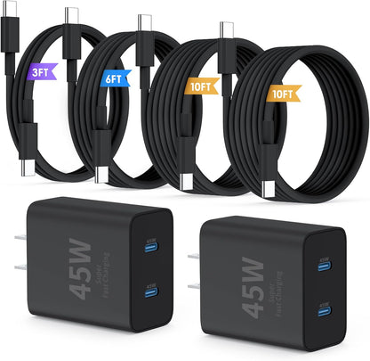 Super Fast Samsung Charger Type C,45W Dual Port USB C Fast Charger | Extra Long 60W 3/6/10/10FT USB C Cable - [2-Pack]Pd Quick Charging 3.0 for Samsung Galaxy S26 S25 Ultra/S24+/S23 Iphone 17 16