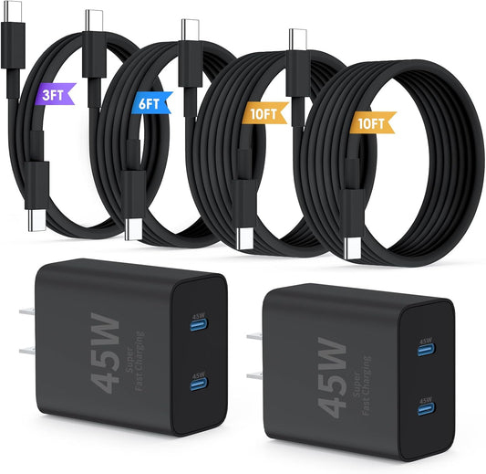 Super Fast Samsung Charger Type C,45W Dual Port USB C Fast Charger | Extra Long 60W 3/6/10/10FT USB C Cable - [2-Pack]Pd Quick Charging 3.0 for Samsung Galaxy S26 S25 Ultra/S24+/S23 Iphone 17 16