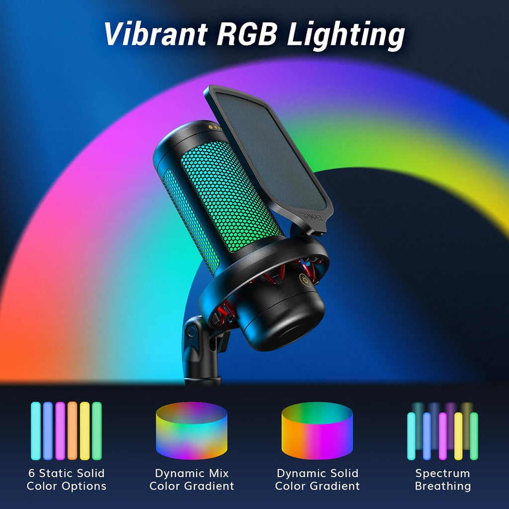 Gaming Microphone Set with Boom Arm, Vocal Condenser Microphone for Content Creators, USB Mic for PC with Stand, RGB, Tap Mute, Gain Control, Gaming Equipemnt, Twitch, Streaming, TC310+ | Boom Arm Set, USB Mic with Controllable Light, One Tap Mute, Volume Control, for Discord, Twitch Streaming, Black, TC310+