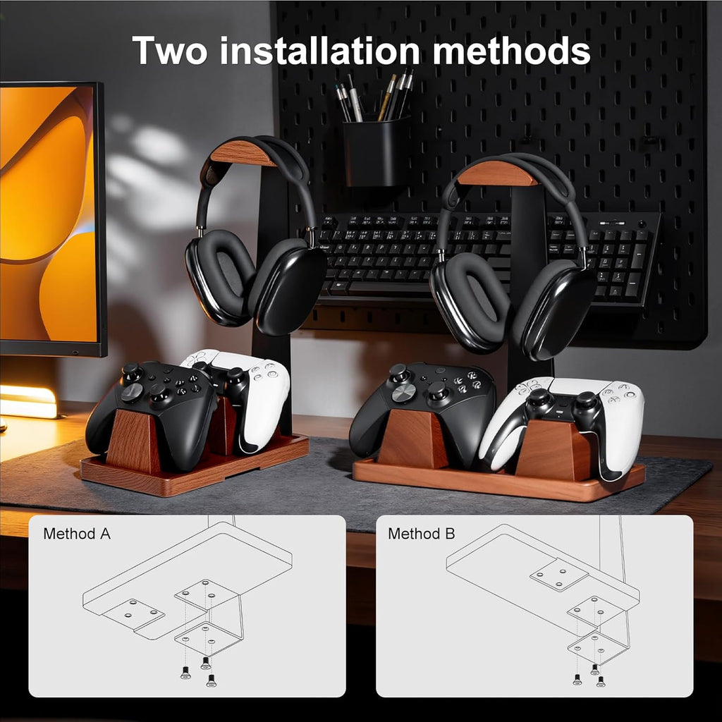 Headphone and Headset Stand with Controller Holders for Gaming Desk | Solid Wood, Holds 2 Controllers, Storage Tray for Gaming Accessories, Compatible with PS5 and Xbox