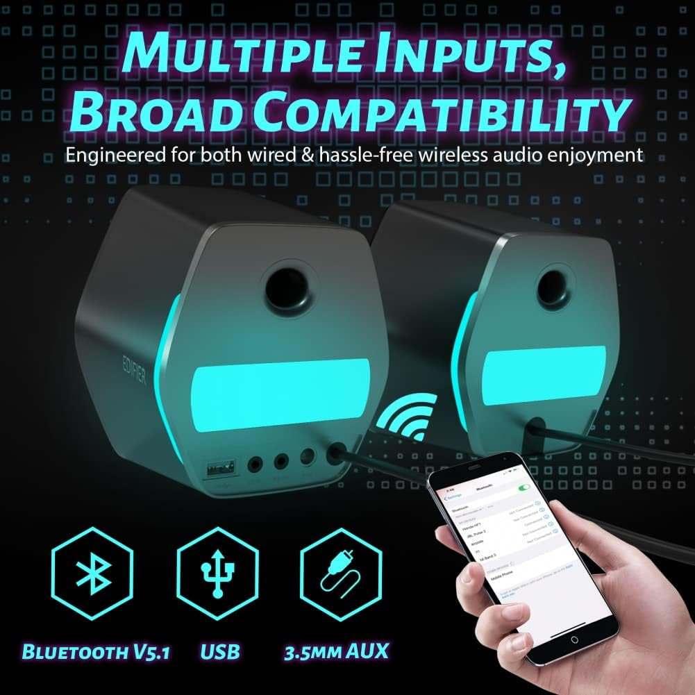 G2000 32W PC Gaming Computer Speakers for Laptop Mac Desktop Computer Woofer Speakers Bluetooth USB 3.5Mm AUX Inputs RGB Lights Multimedia Speakers Black