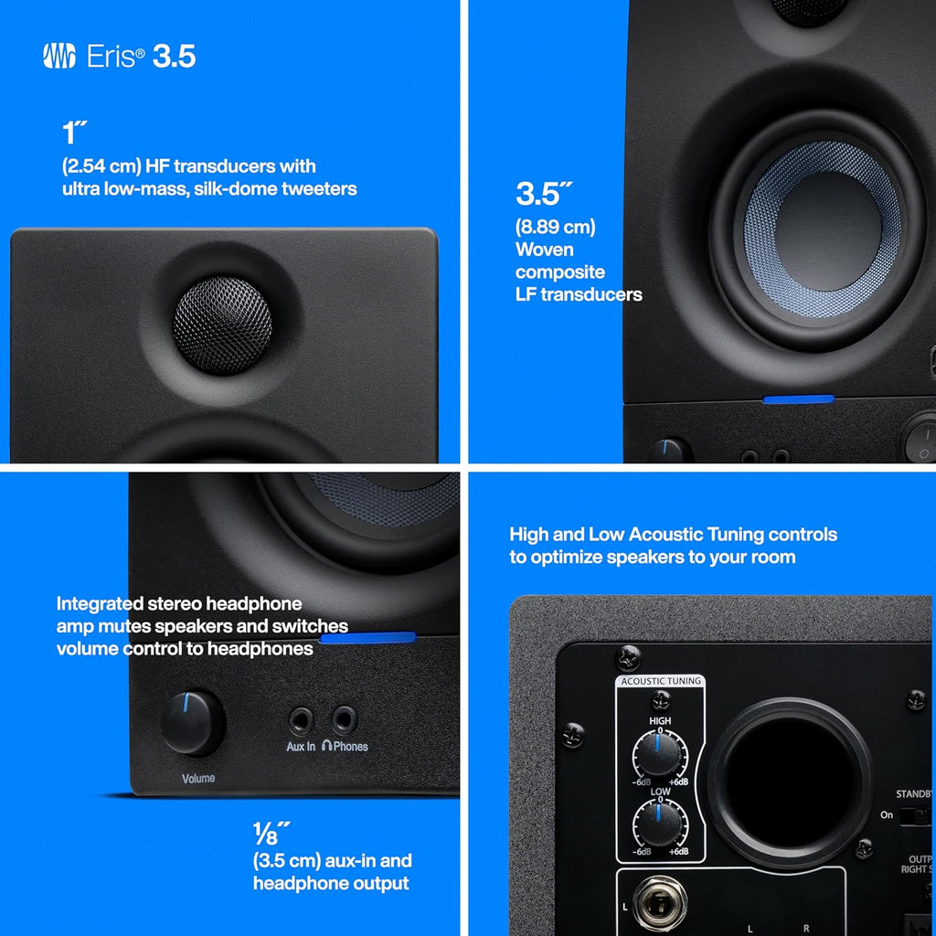 Eris 3.5 Powered Studio Monitors, Pair — 3.5” Active near | -Field Desktop Speakers for Music Production, Gaming, Movies & Hi-Fi | 50W, Woven-Composite Woofer, Silk-Dome Tweeter, Black