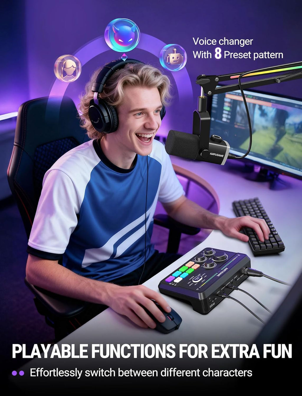 SC8 Gaming Audio Mixer for Live Streaming with 7.1Ch Surround Sound | for Pc,Rgb,Headphone Preamp,Mute Button,Volume Control,Optical Input,48V Phantom Power,3 EQ Modes,Game Chat Volume Balacnce